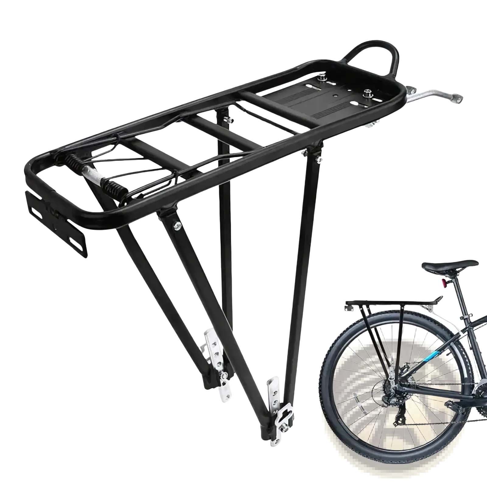 Black metal bike cargo rack with sturdy aluminum frame and integrated handle for easy carrying shown from the back side