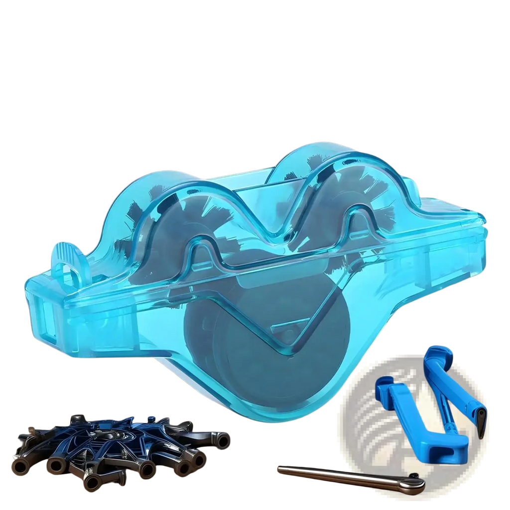 Transparent blue plastic bike chain cleaner kit with integrated brush and roller design for portable scrubbing tool use