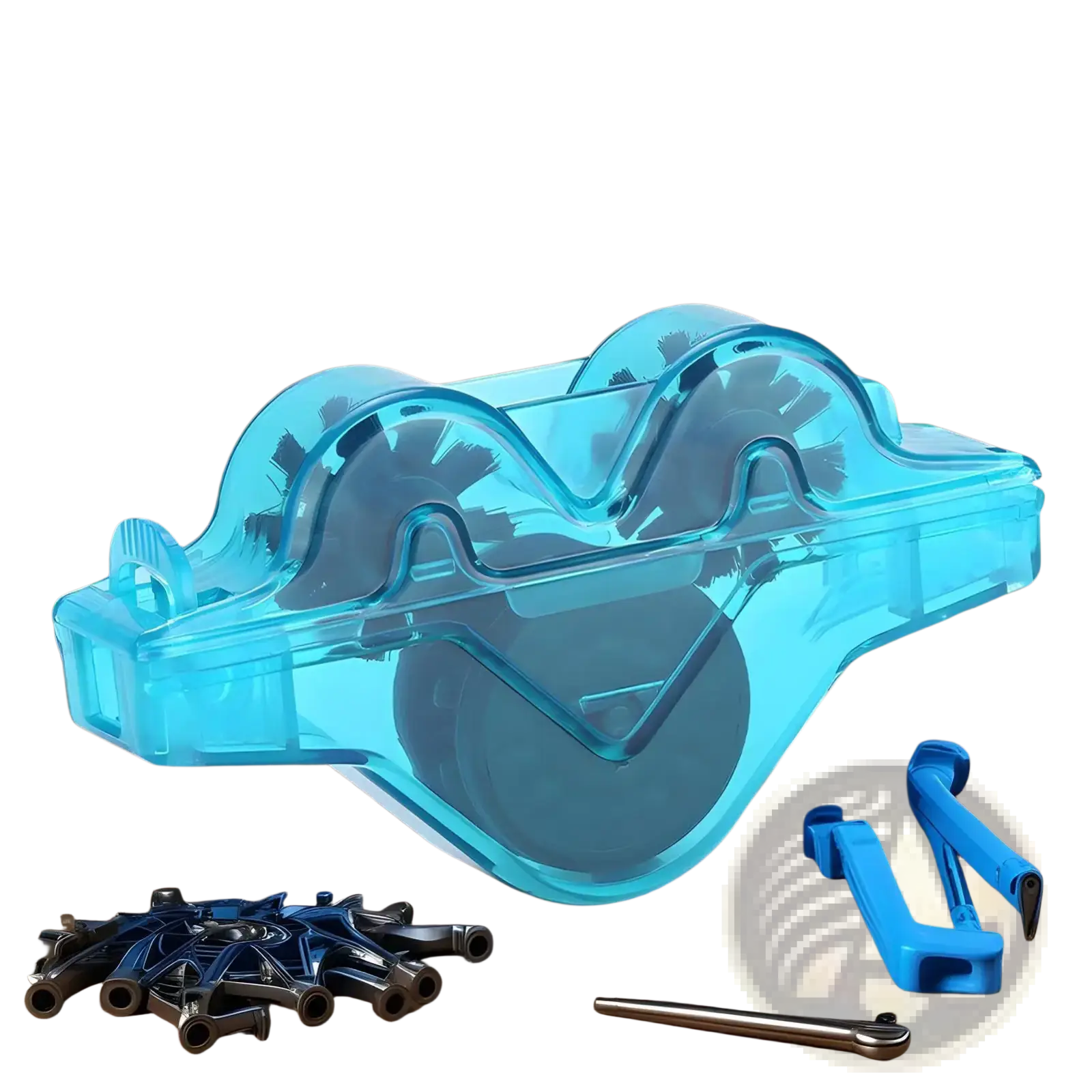 Transparent blue plastic bike chain cleaner kit with integrated brush and roller design for portable scrubbing tool use