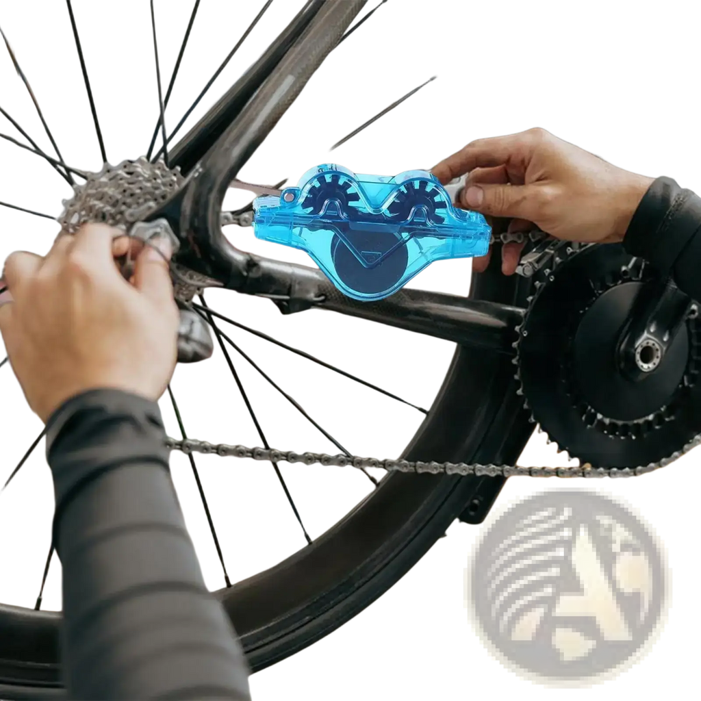 Transparent blue plastic bike chain cleaner kit with gear-shaped design for portable scrubbing tool use
