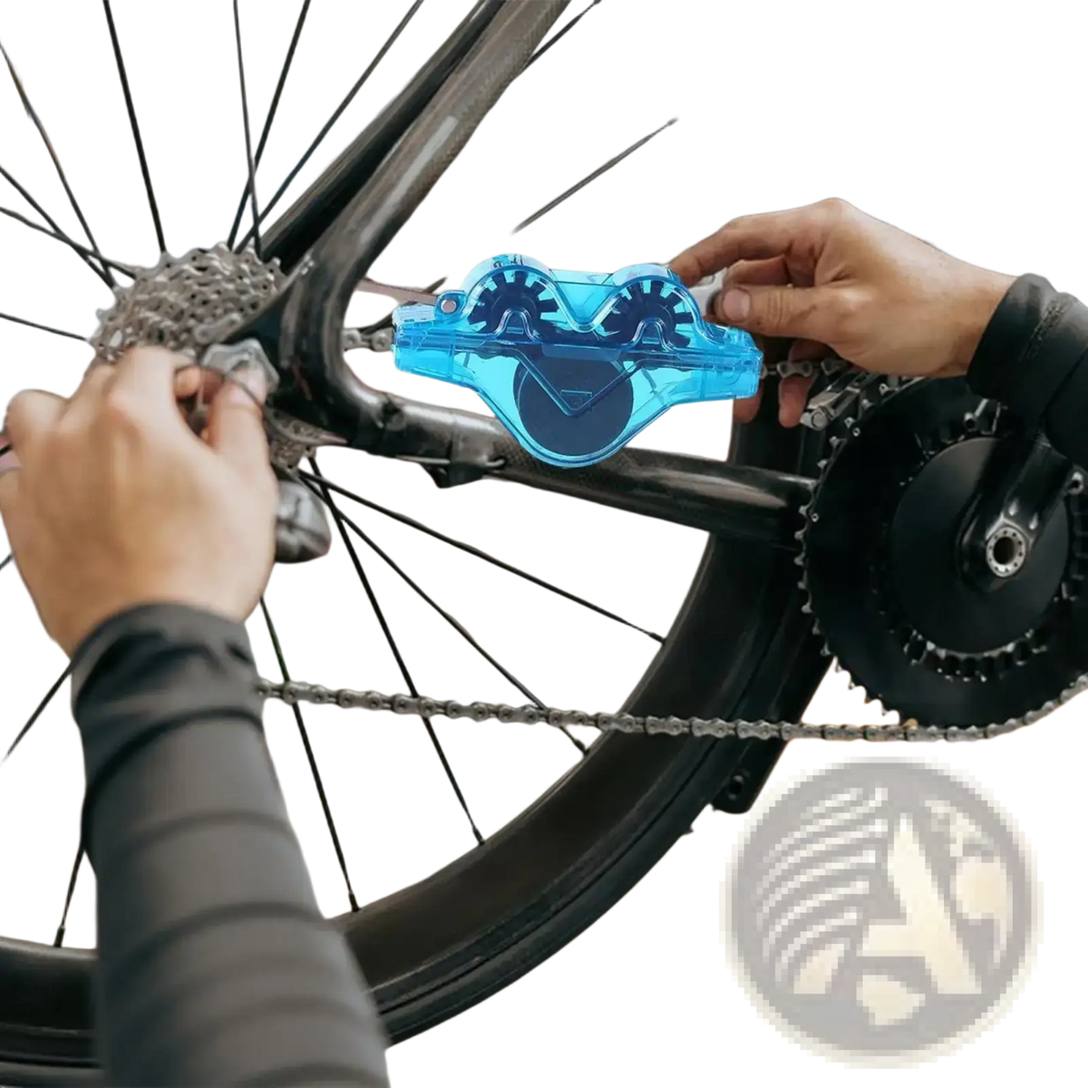 Transparent blue plastic bike chain cleaner kit with gear-shaped design for portable scrubbing tool use