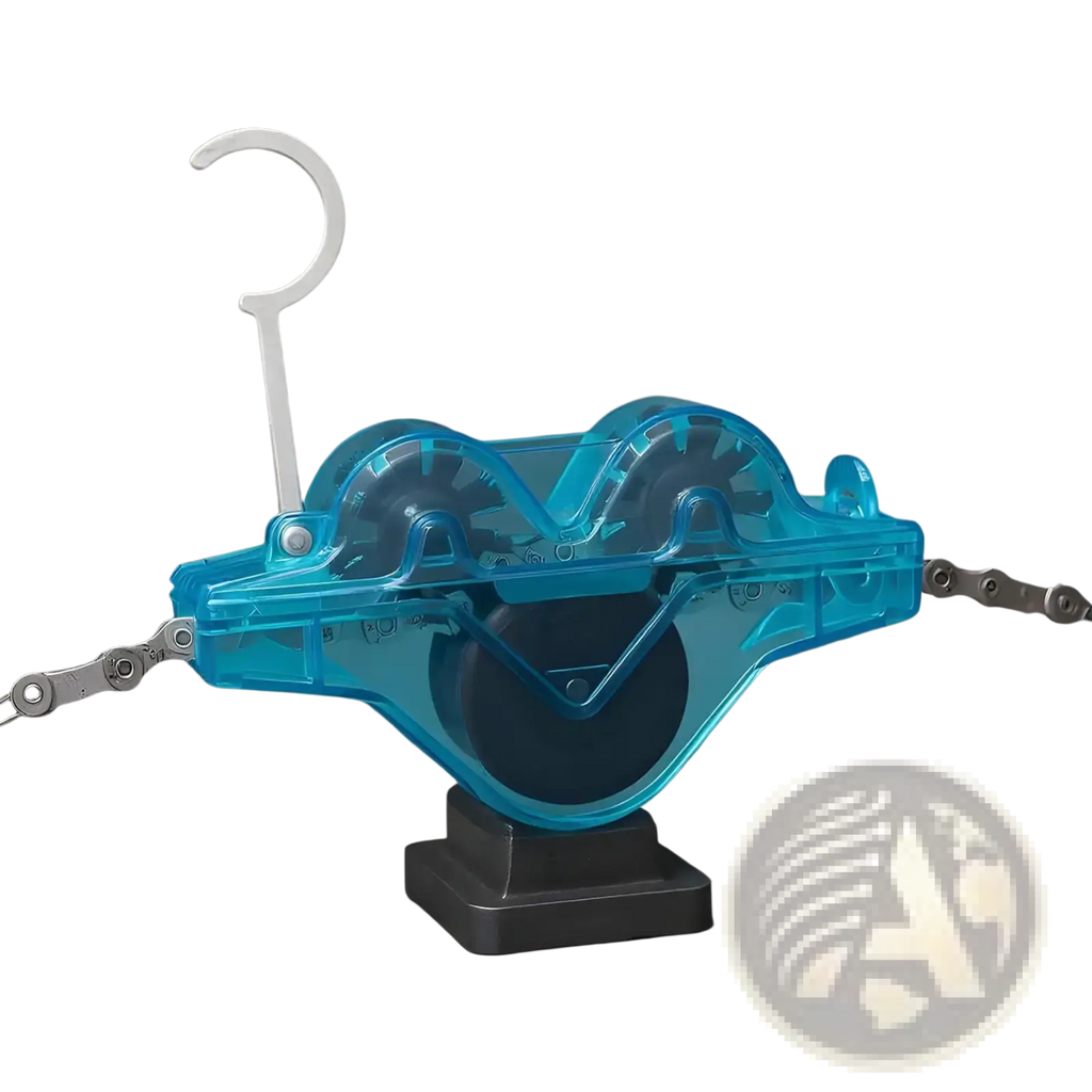 Transparent blue plastic bike chain cleaner kit with a white hook attachment portable scrubbing tool for bicycles