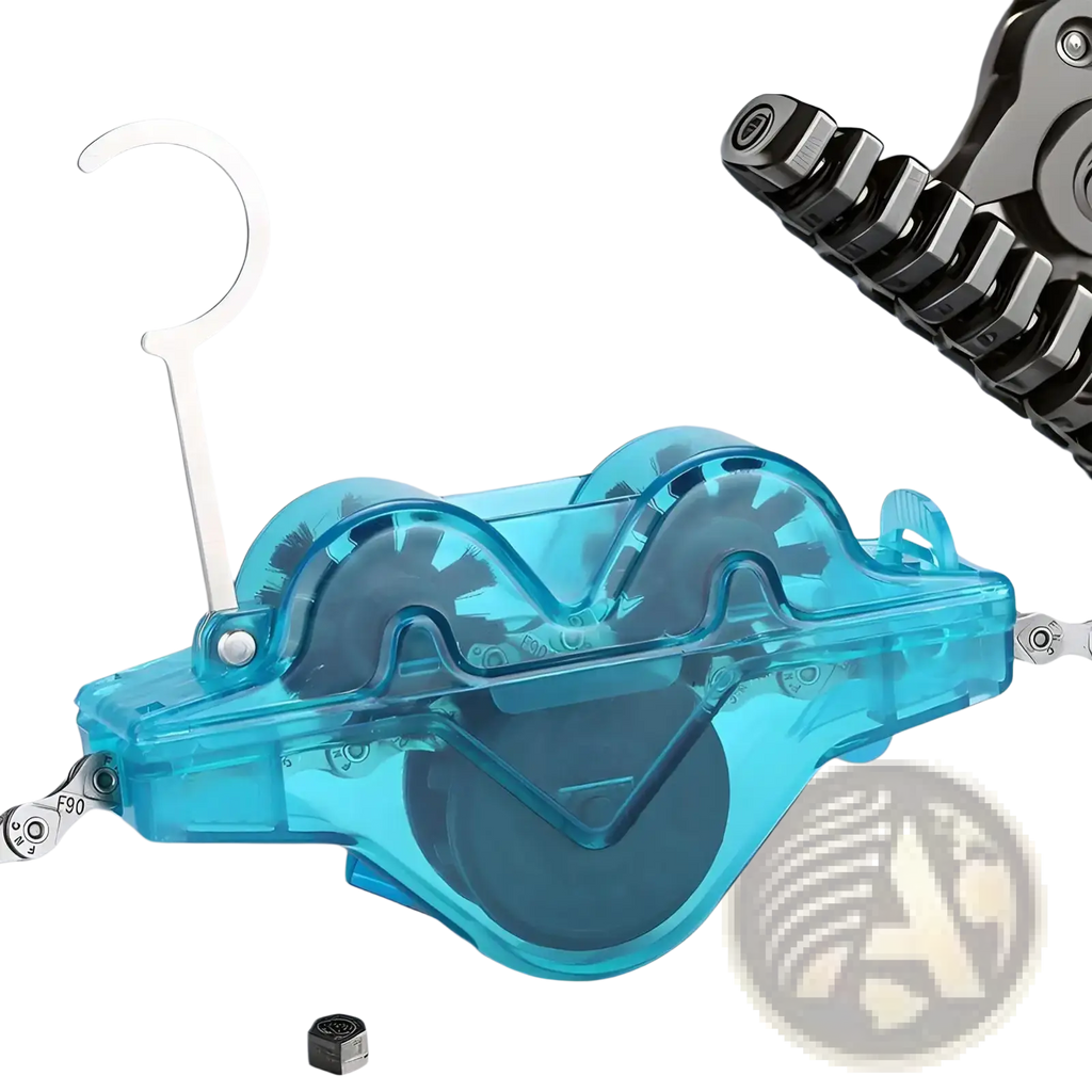 Transparent blue plastic bike chain cleaner kit with curved metal hook and gear-like scrubbing components for bicycles