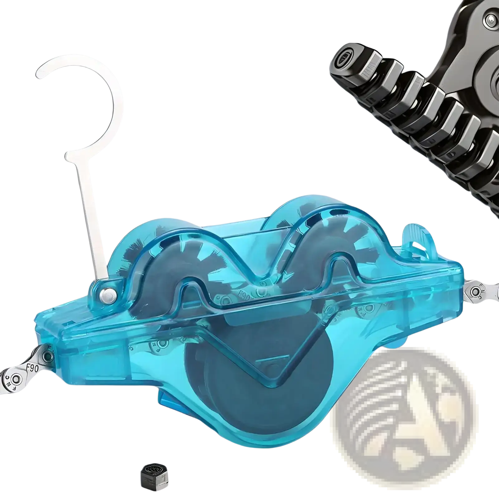 Transparent blue plastic bike chain cleaner kit with curved metal hook and gear-like scrubbing components for bicycles