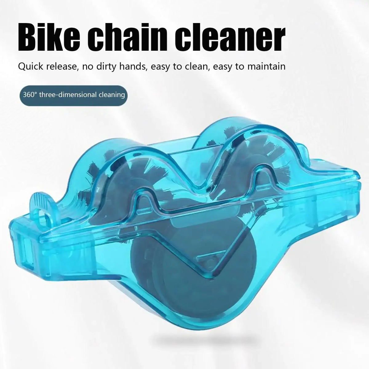 Transparent blue plastic bike chain cleaner kit with integrated brushes and rotating wheel for portable scrubbing tool