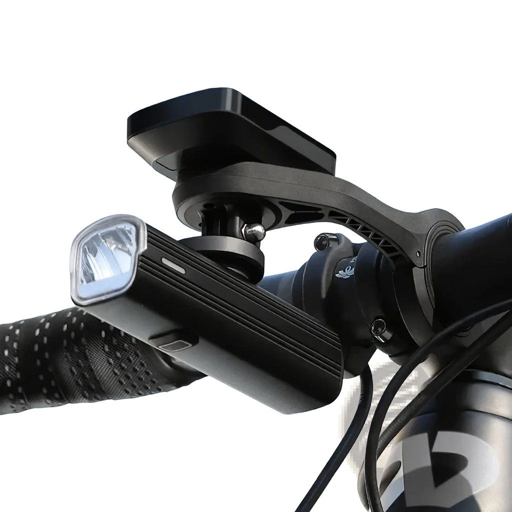 Black bike computer mount with integrated front light and phone holder for Garmin Wahoo Bryton handlebars