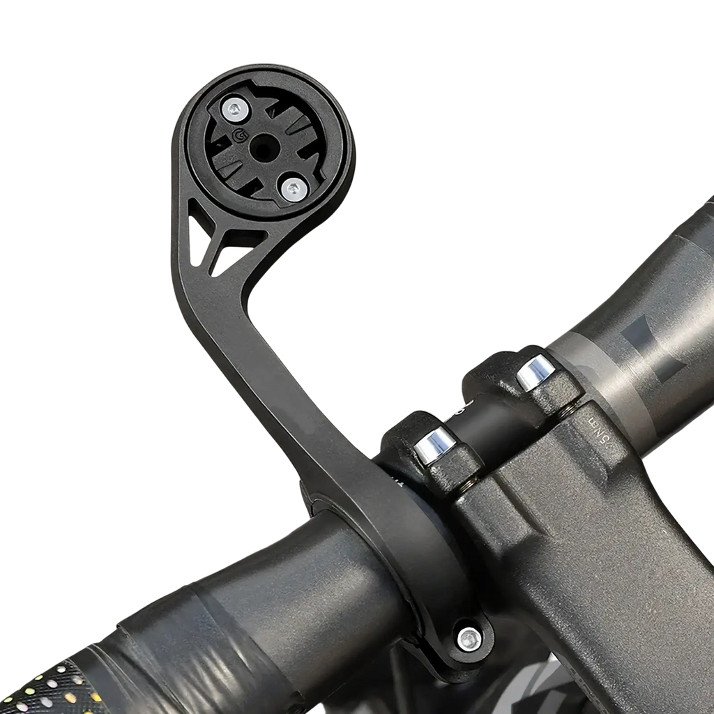 Black bicycle handlebar mount with circular plate and angular arm for bike computers Garmin Wahoo Bryton