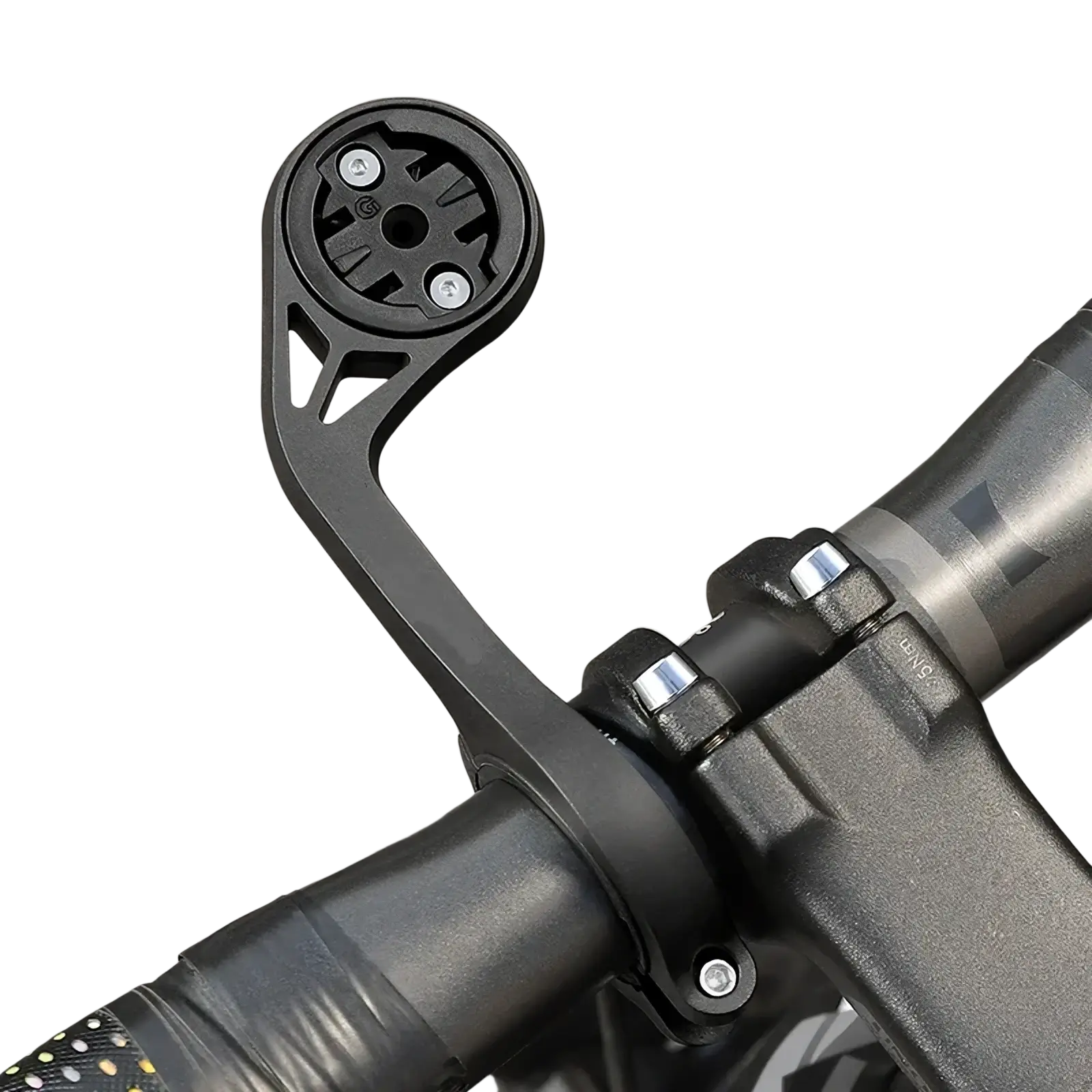 Black bicycle handlebar mount with circular plate and angular arm for bike computers Garmin Wahoo Bryton