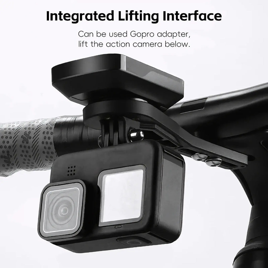Black gopro action camera mounted on bike handlebar with integrated lifting interface adapter bike computer mount for garmin wahoo bryton
