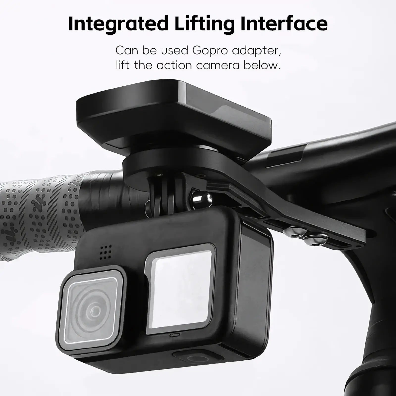 Black gopro action camera mounted on bike handlebar with integrated lifting interface adapter bike computer mount for garmin wahoo bryton