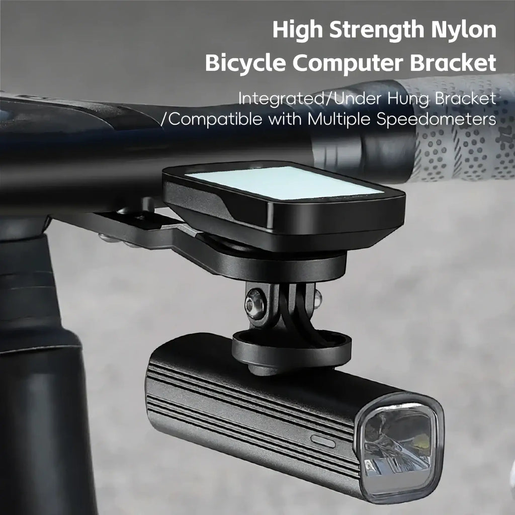 Black high-strength nylon bike computer mount holding a digital speedometer and front light for Garmin Wahoo Bryton