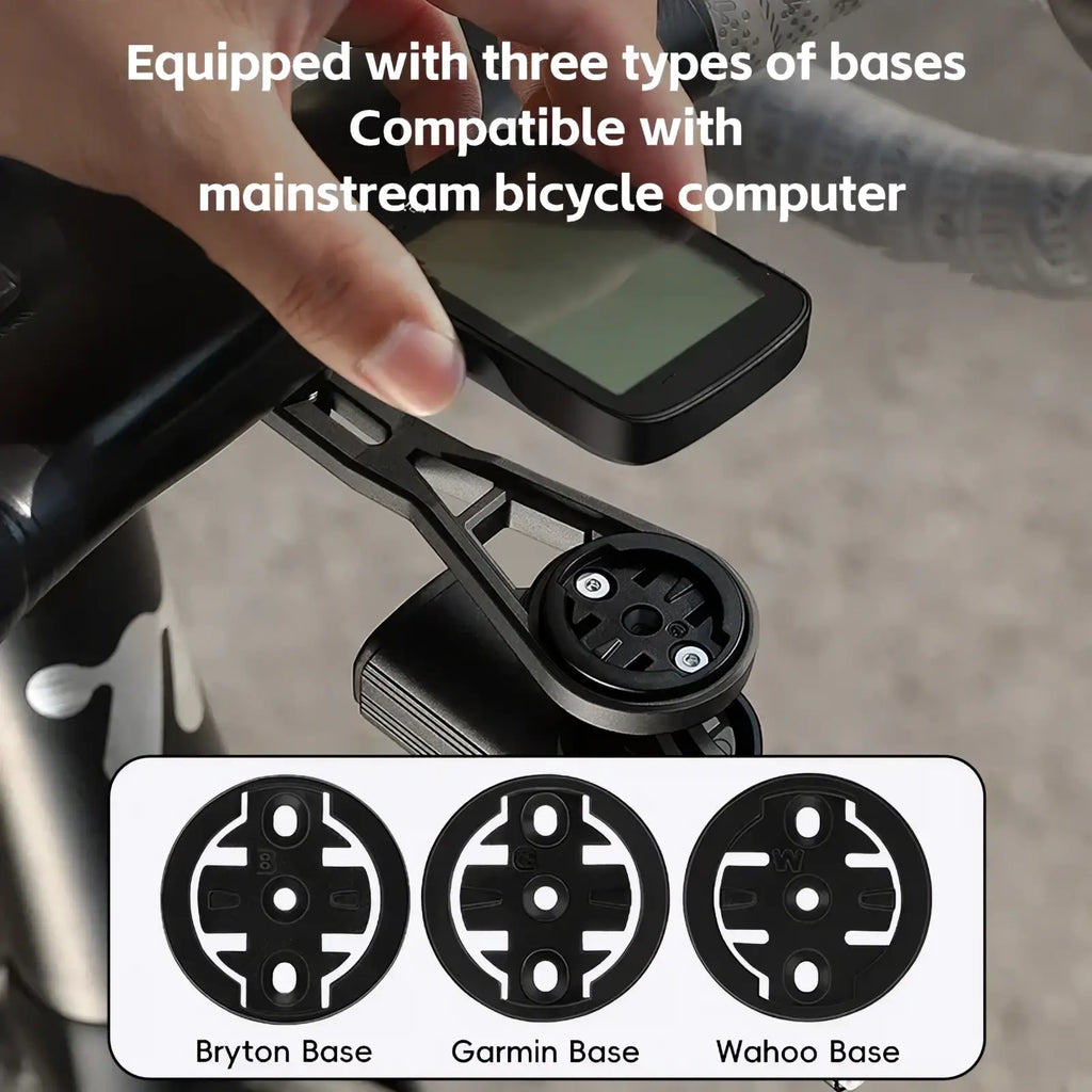 Black plastic bike computer mount for Garmin Wahoo Bryton with three compatible base types shown