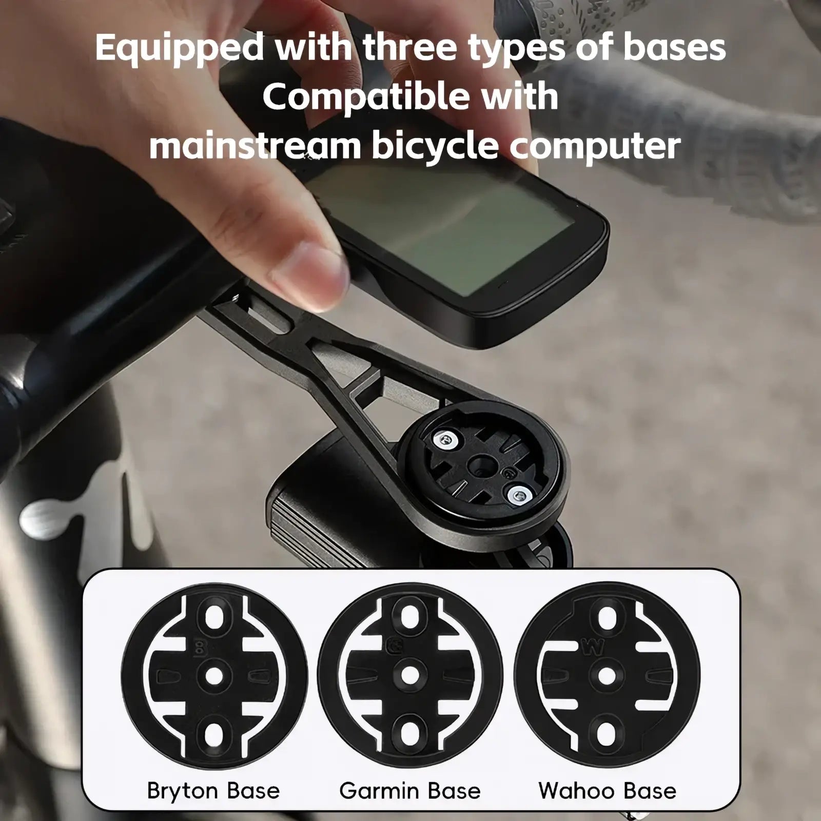 Black plastic bike computer mount for Garmin Wahoo Bryton with three compatible base types shown