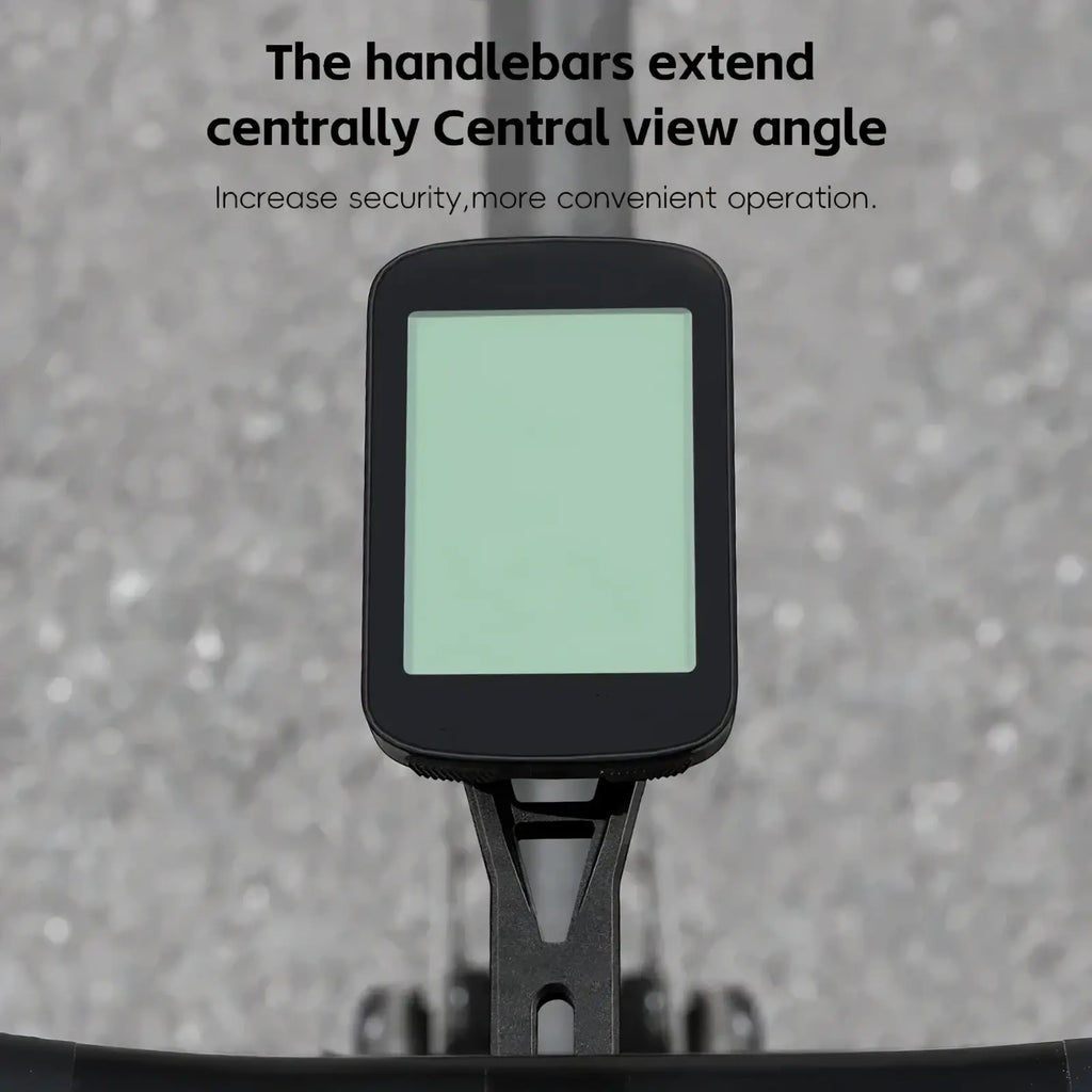 Black rectangular bike computer with light green display and central mounting bracket for Garmin Wahoo Bryton use