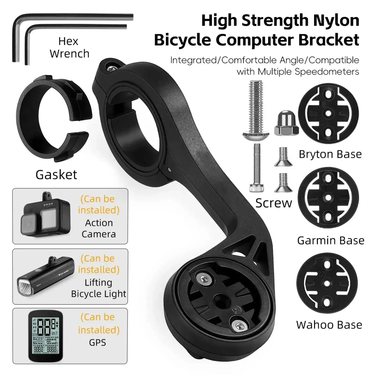 Black high strength nylon bike computer mount with integrated design for Garmin Wahoo Bryton speedometers and gps devices