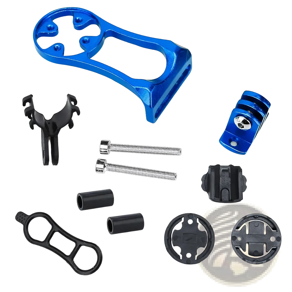 Blue aluminum bike computer mount bracket designed for secure handlebar attachment in cycling use