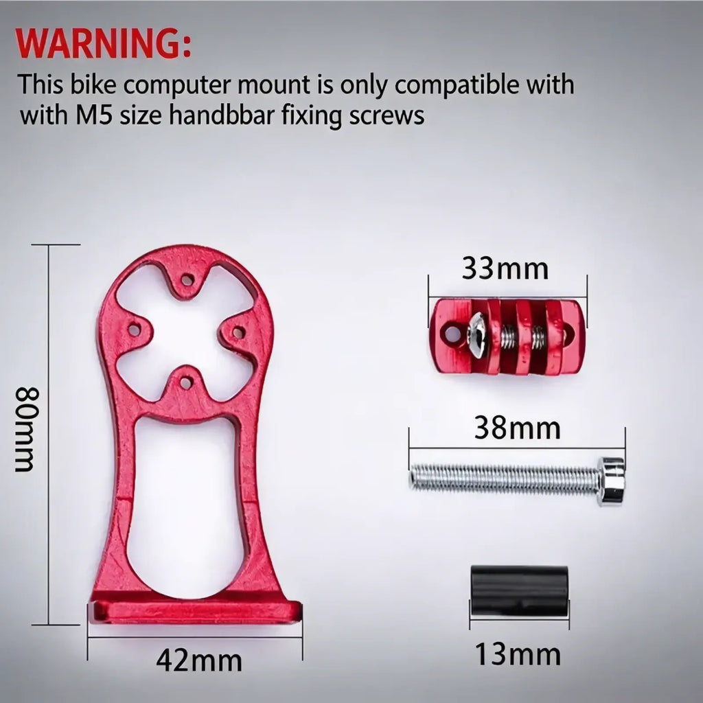 Red anodized aluminum bike computer mount with integrated m5 screw and black rubber washer for handlebar use