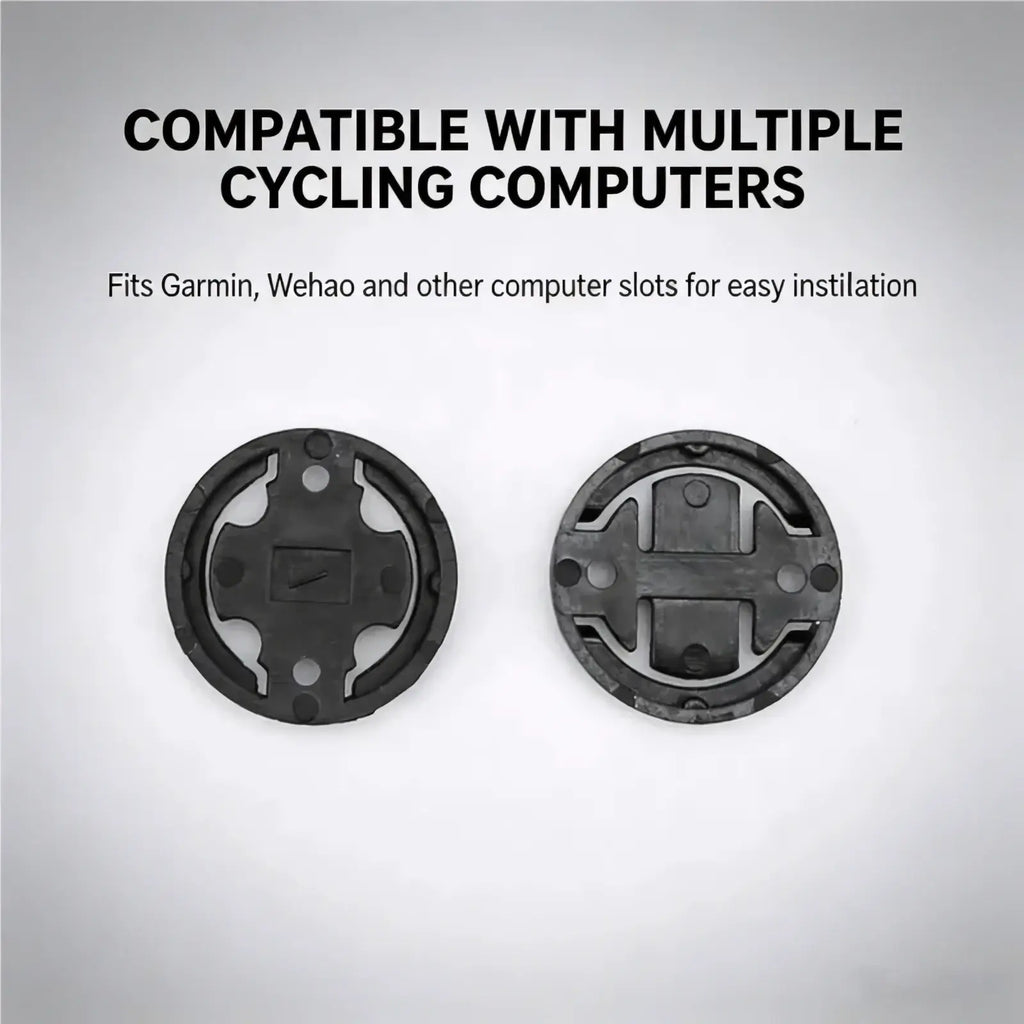 Black plastic bike computer mounts with circular design and multiple holes for secure attachment on handlebar bracket