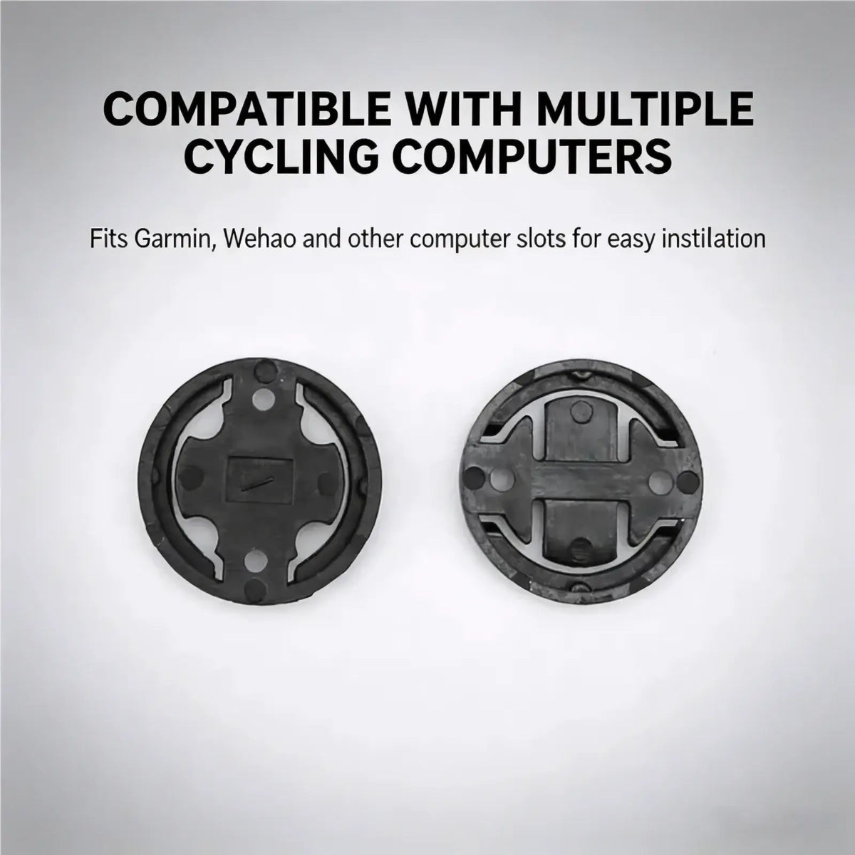 Black plastic bike computer mounts with circular design and multiple holes for secure attachment on handlebar bracket