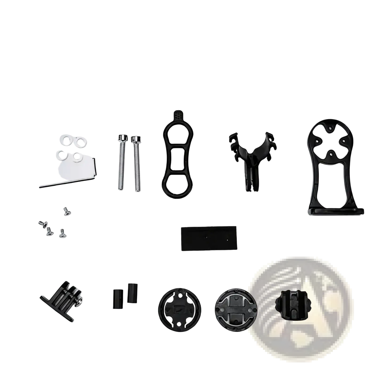 Black plastic bike computer mount kit with metal screws and hardware for red aluminum handlebar bracket