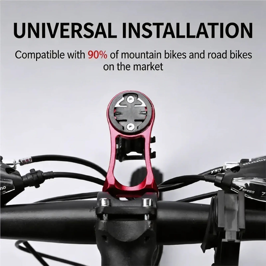 Red aluminum bike computer mount with black circular clamp and adjustable arms for securing GPS devices