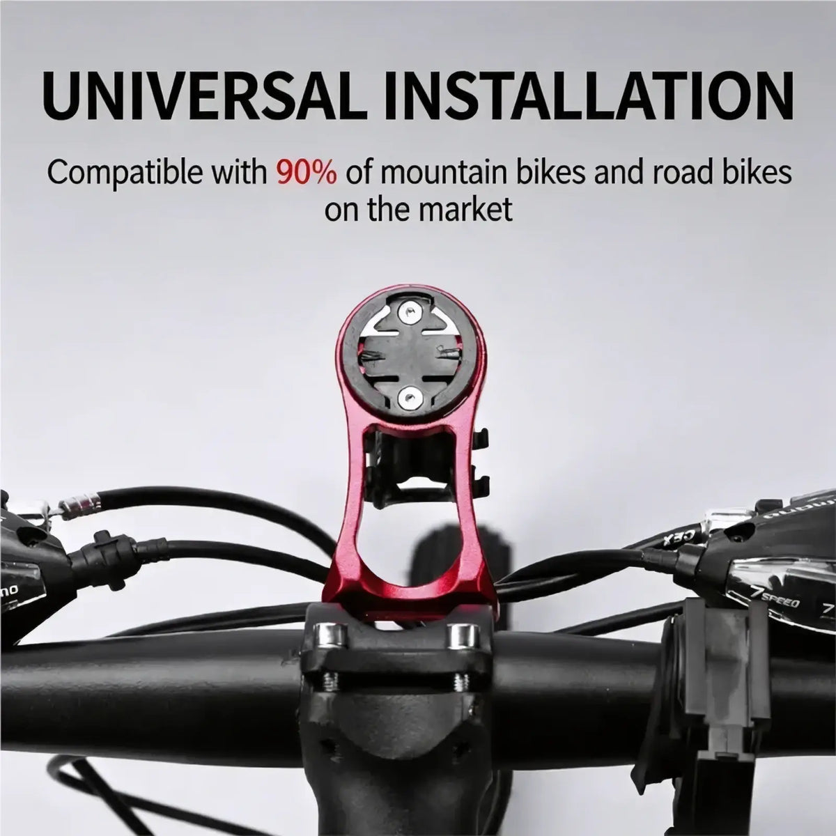 Red aluminum bike computer mount with black circular clamp and adjustable arms for securing GPS devices