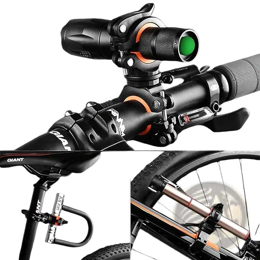 Black and orange bike flashlight holder 360 degree rotation mount with green tinted flashlight attached to handlebar
