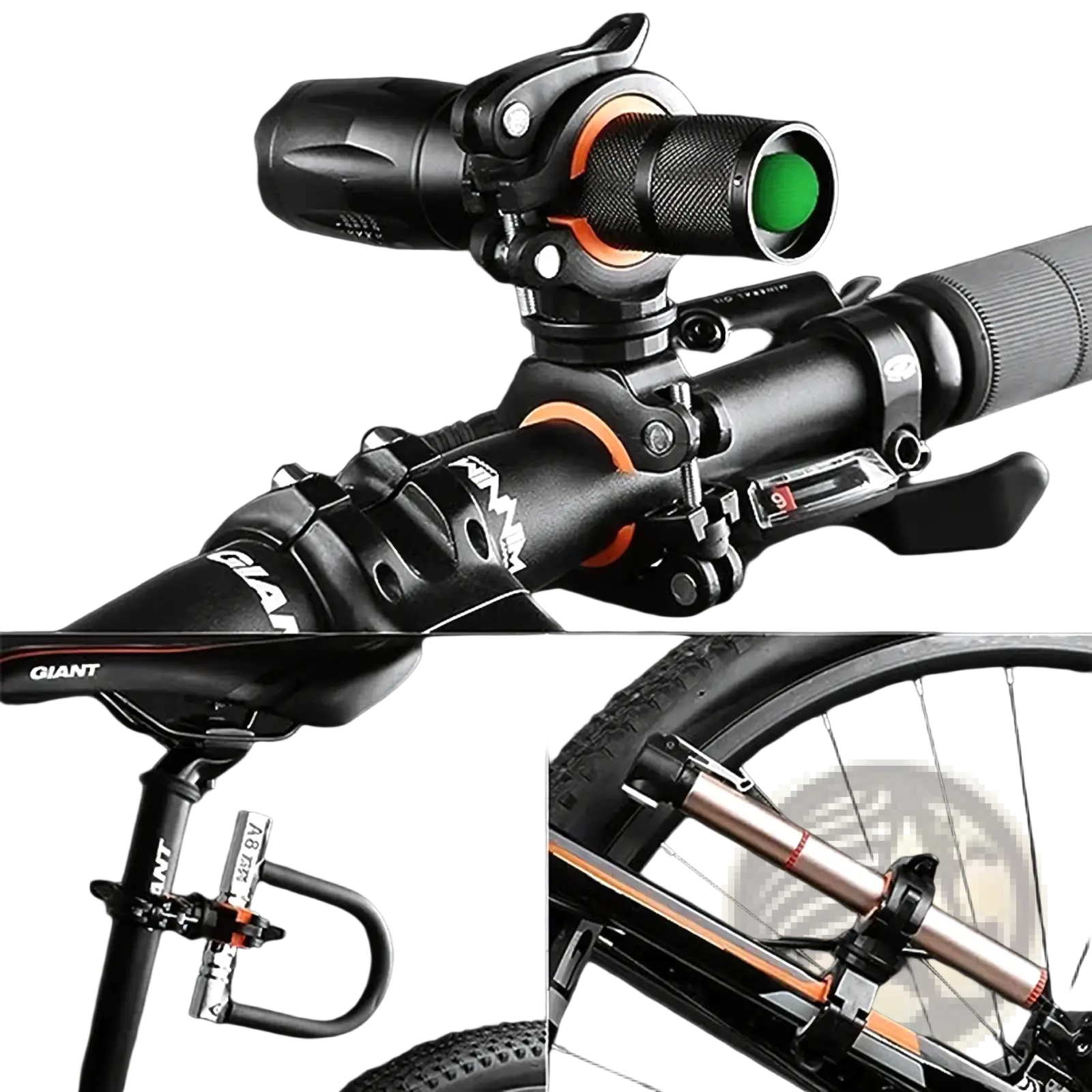 Black and orange bike flashlight holder 360 degree rotation mount with green tinted flashlight attached to handlebar