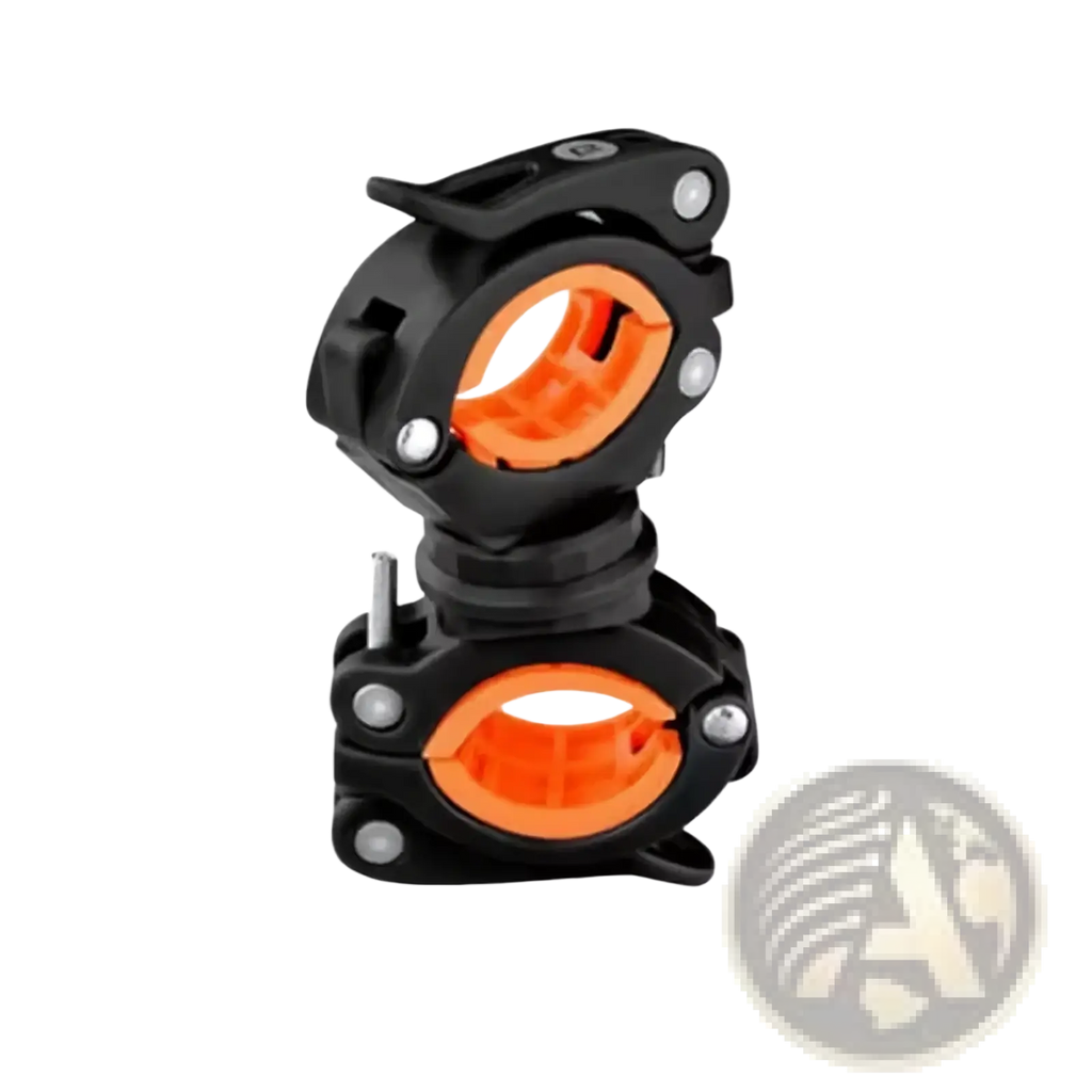 Black and orange bike flashlight holder with dual-clamp design and 360 degree rotation for secure handlebar mounting