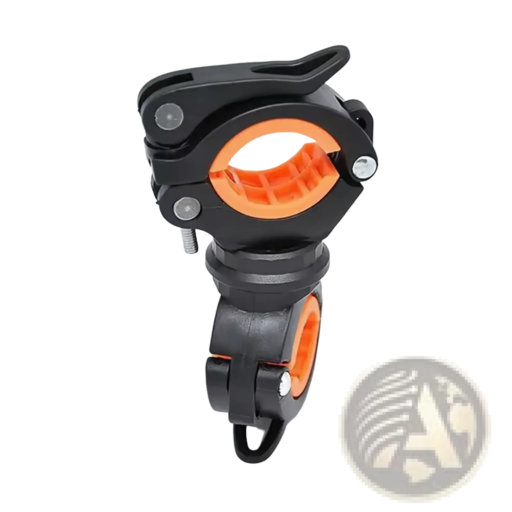 Black and orange bike flashlight holder with 360 degree rotation and adjustable handlebar mount clamps