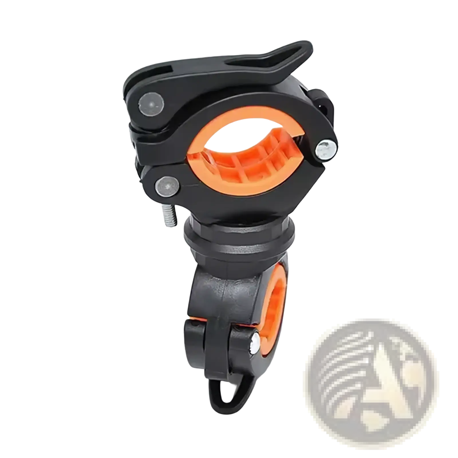 Black and orange bike flashlight holder with 360 degree rotation and adjustable handlebar mount clamps