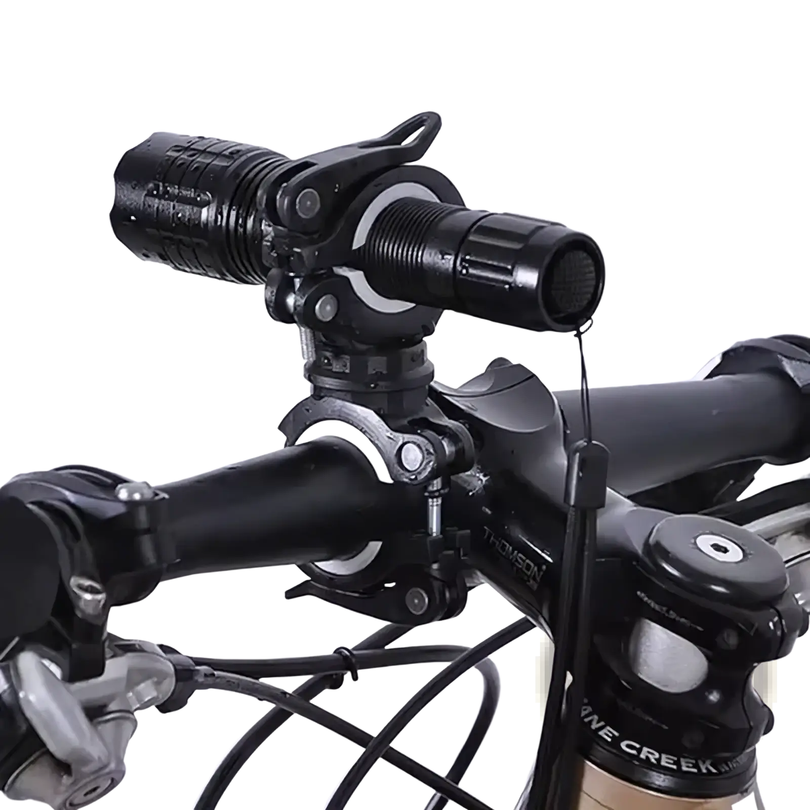 Black tactical bicycle handlebar mount with adjustable clamp and quick-release for flashlight attachment