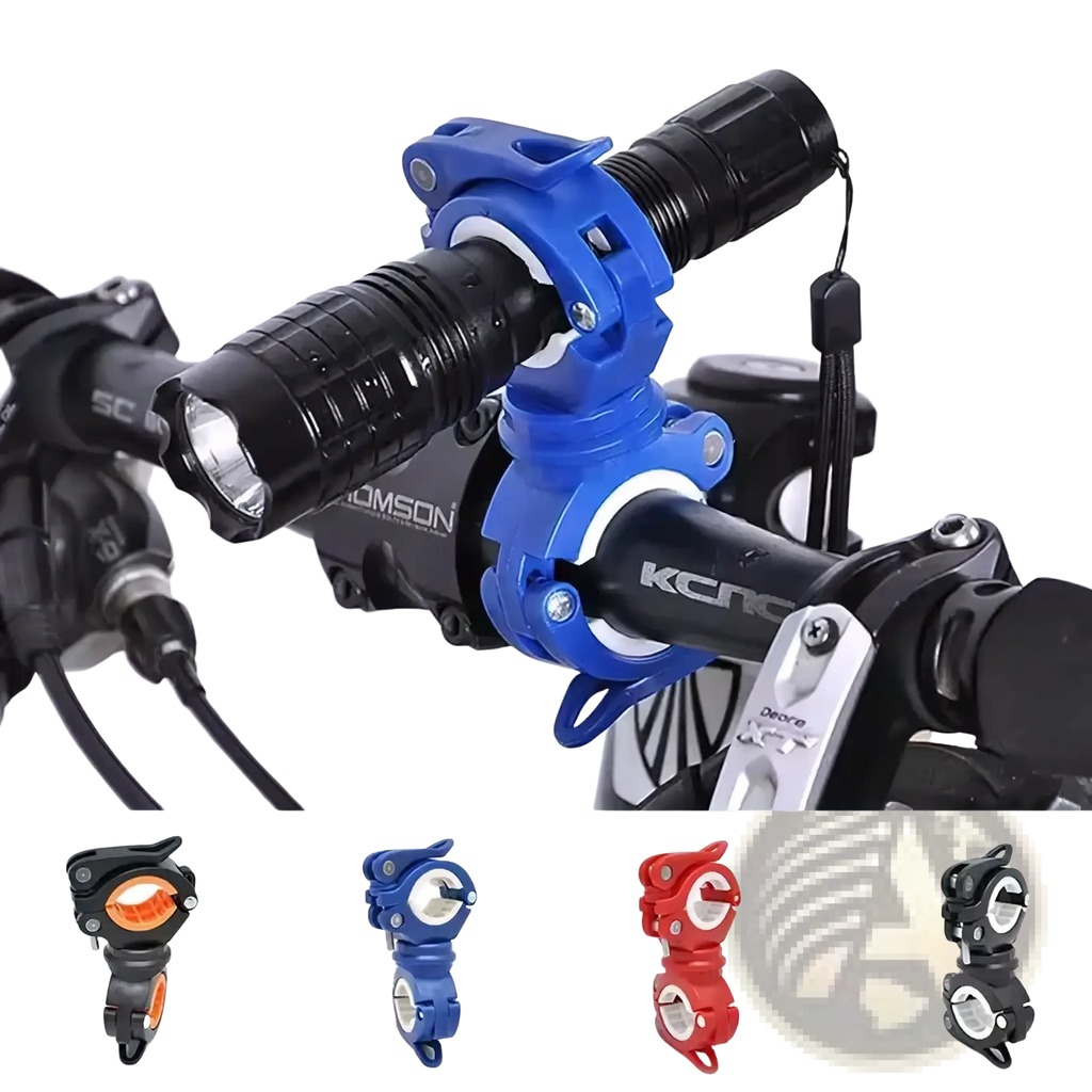 Blue metal bike flashlight holder with 360 degree rotation mount securely holding a black flashlight on handlebar
