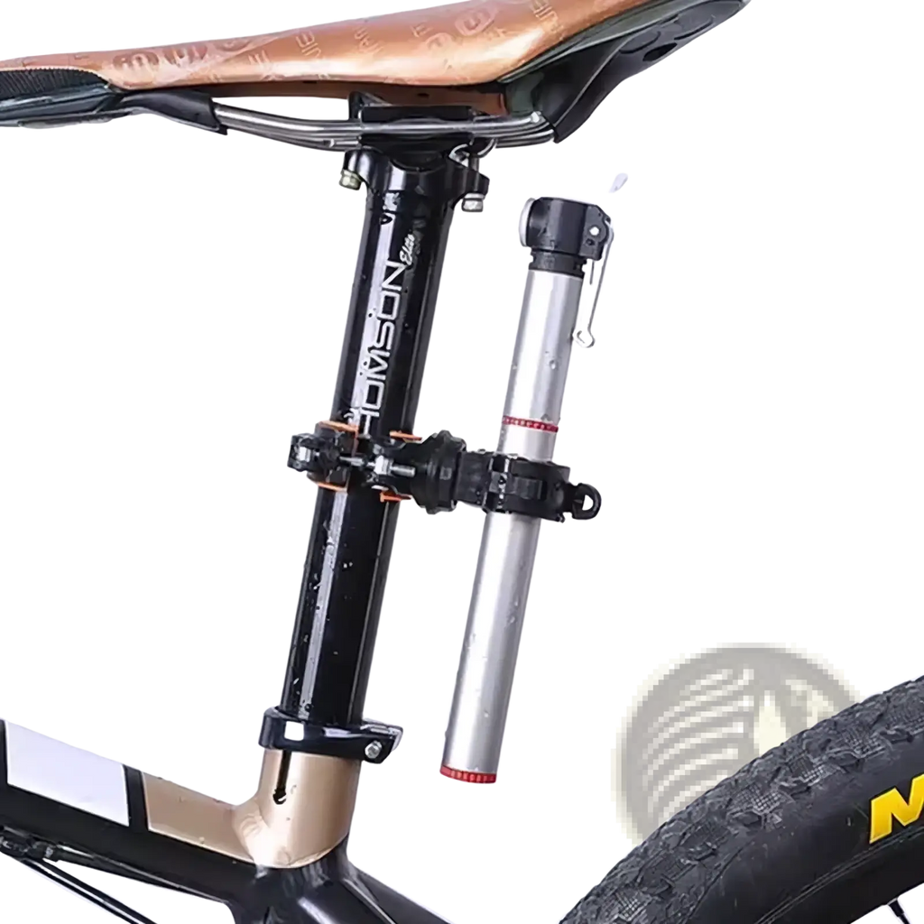 Silver aluminum bike flashlight holder 360 degree rotation mount with bicycle pump on black seat post clamp