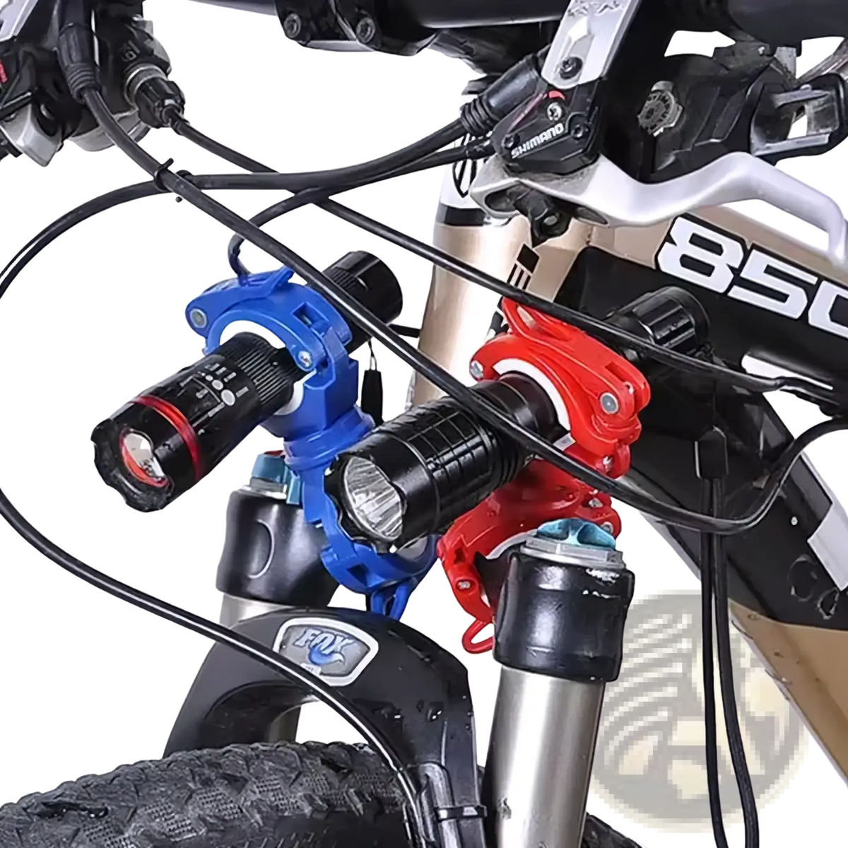 Two led bike flashlights in blue and red mounted on front fork with matching clamps using 360 degree rotation mount