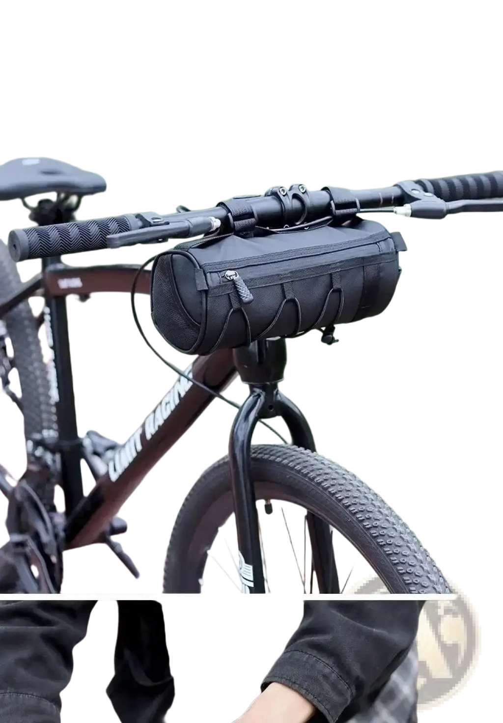 Black cylindrical bike handlebar bag with reinforced stitching and adjustable straps for secure storage mount