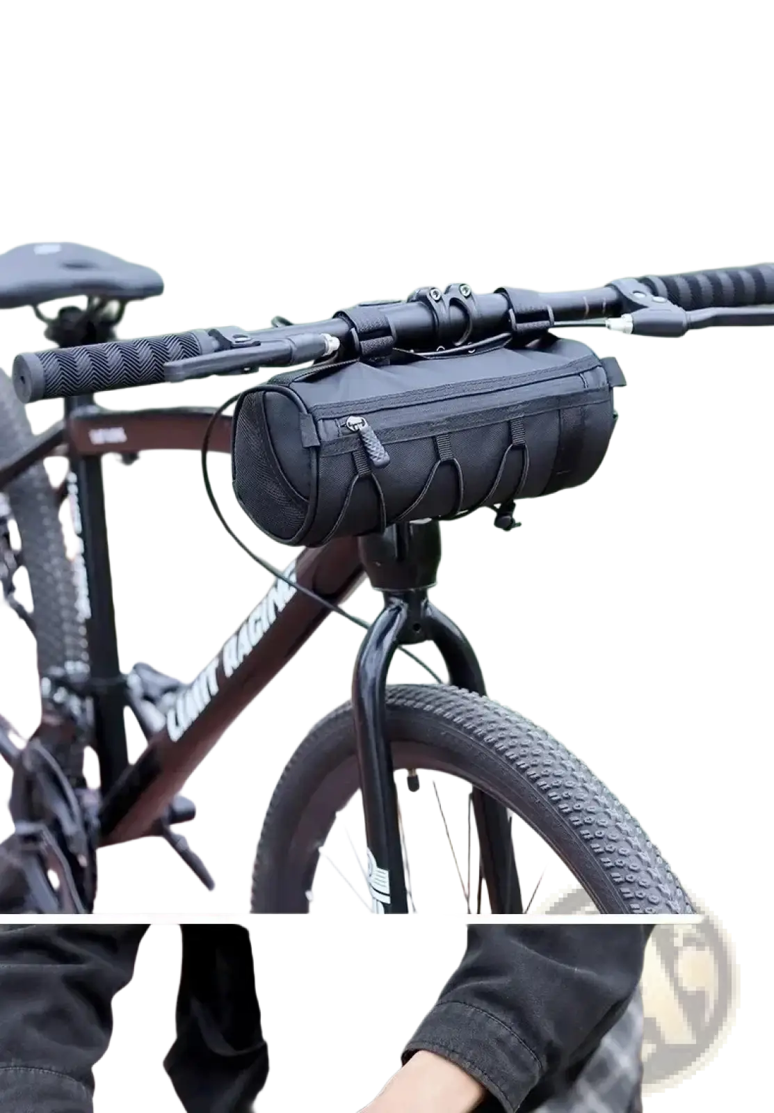 Black cylindrical bike handlebar bag with reinforced stitching and adjustable straps for secure storage mount