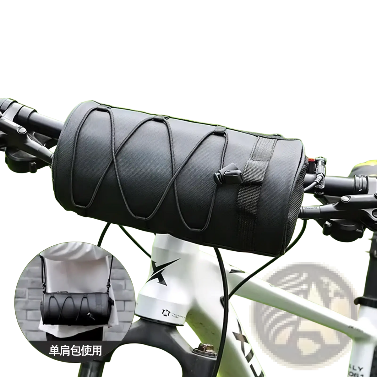 Black cylindrical bike handlebar bag with reinforced stitching and adjustable straps for secure storage mounting