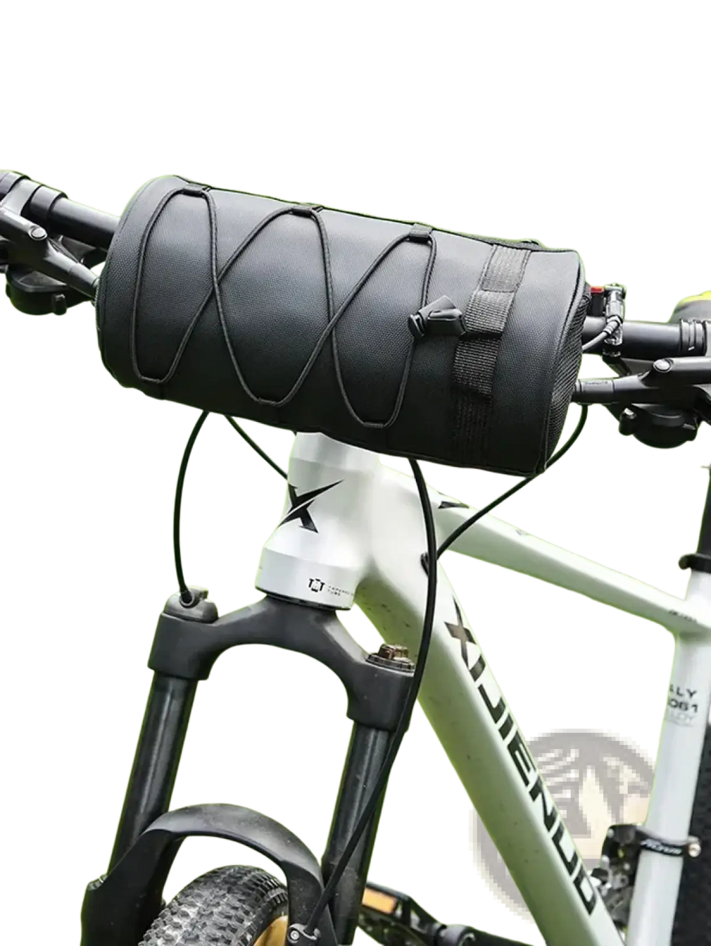 Black cylindrical bike handlebar bag with mesh panel and adjustable straps for secure storage and easy mounting