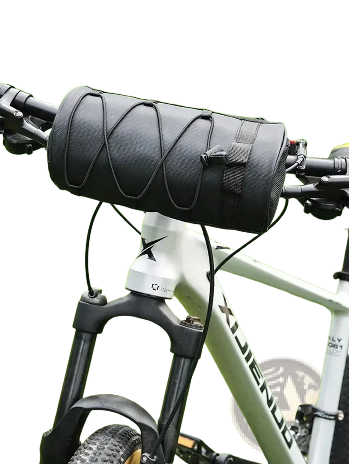 Black cylindrical bike handlebar bag with mesh panel and adjustable straps for secure storage and easy mounting