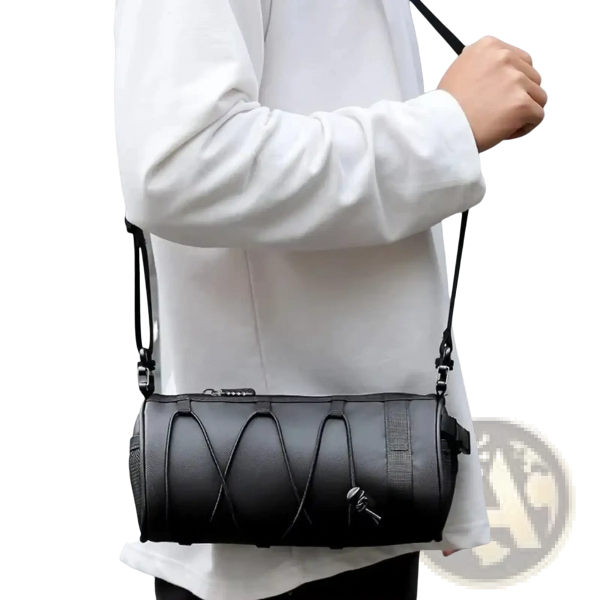 Black cylindrical bike handlebar bag with textured leather and adjustable crossbody strap for storage and mounting