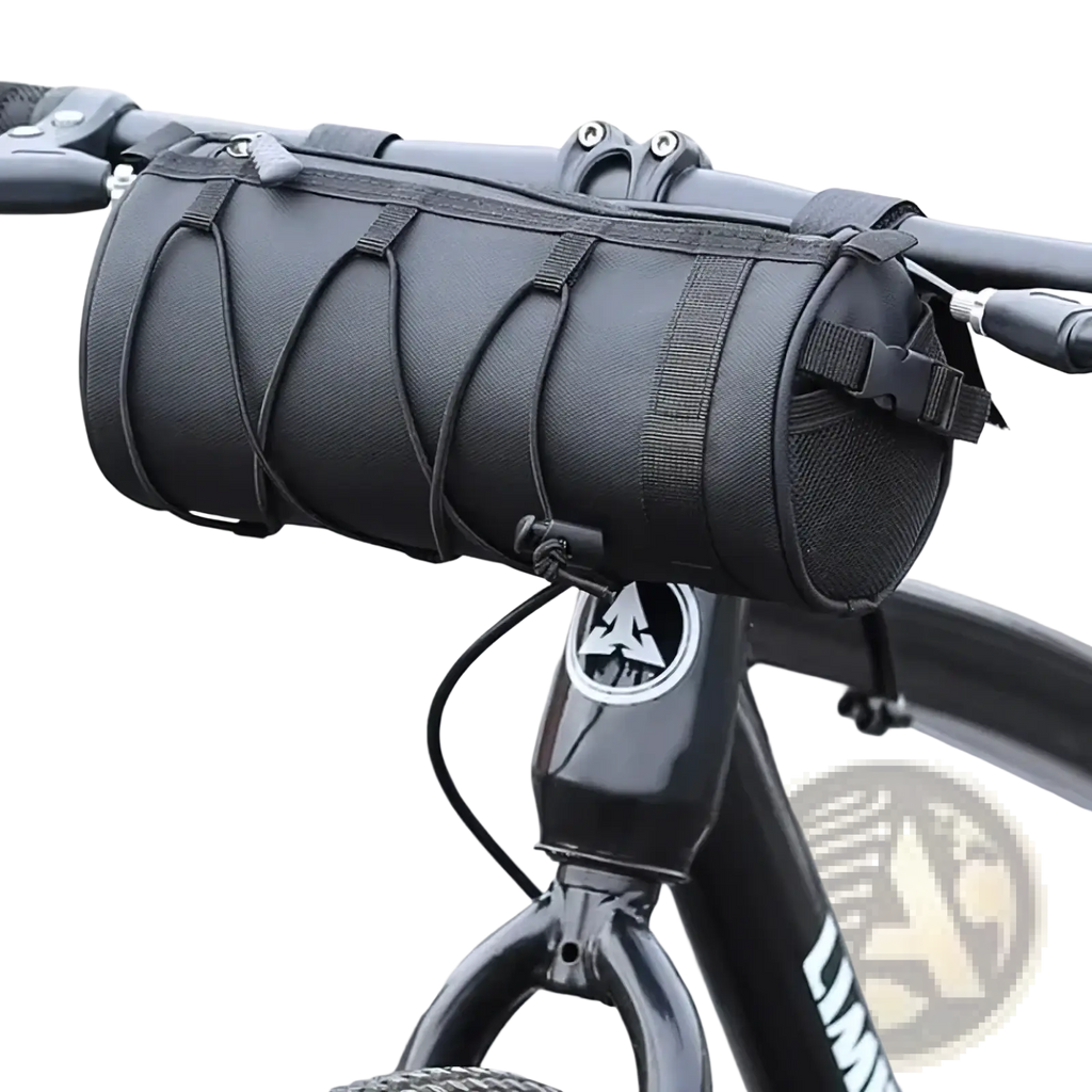 Black tactical-style bike handlebar bag with reinforced stitching and adjustable straps for secure cylindrical storage