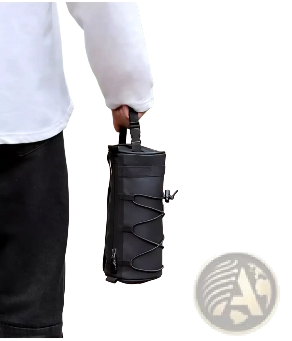 Black cylindrical bike handlebar bag with adjustable straps and top handle for secure storage and easy carrying