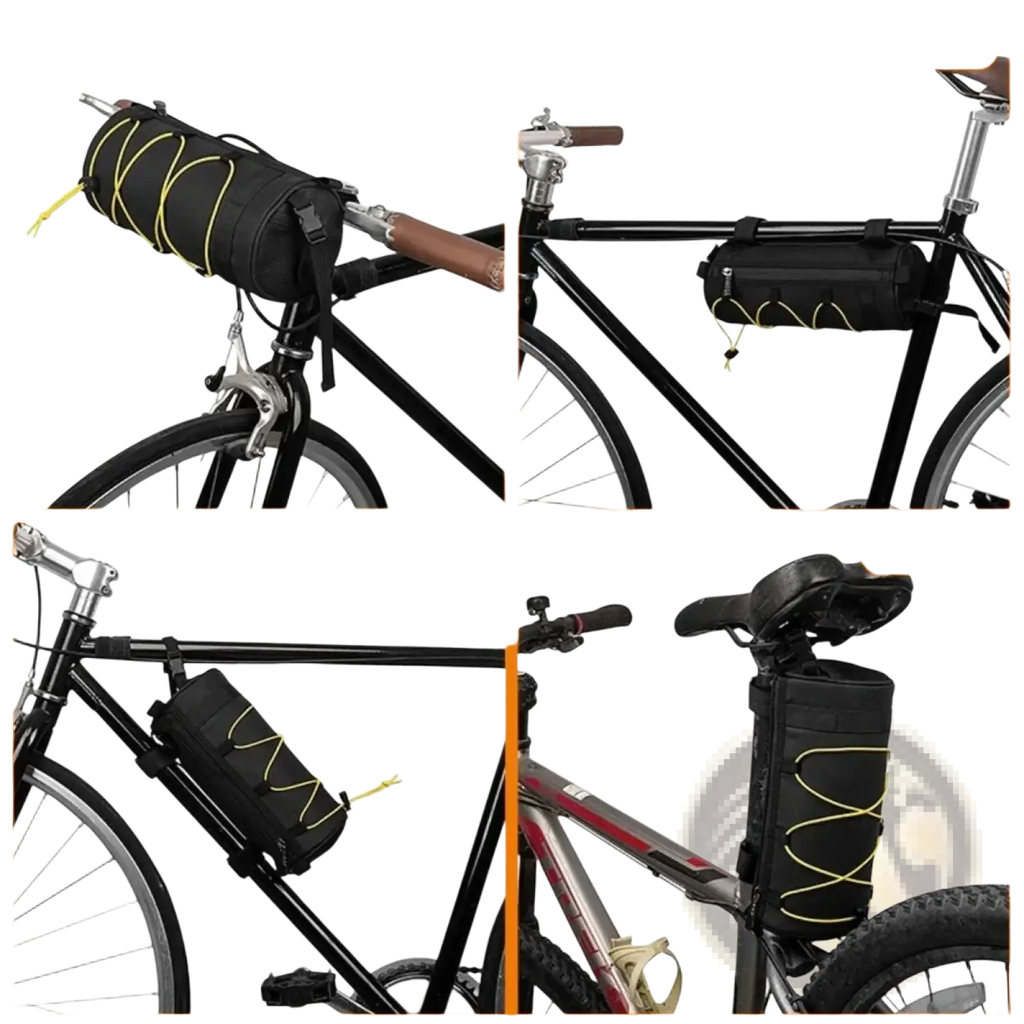 Black waterproof bike handlebar bag with yellow reflective straps and compact cylindrical design for versatile mounting