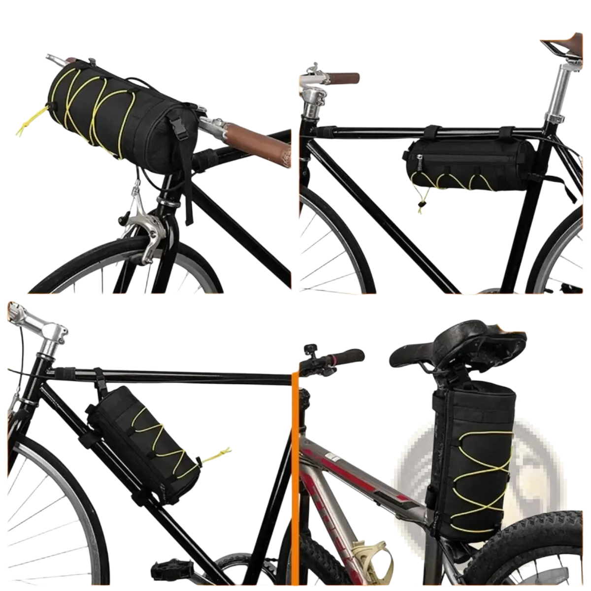 Black waterproof bike handlebar bag with yellow reflective straps and compact cylindrical design for versatile mounting