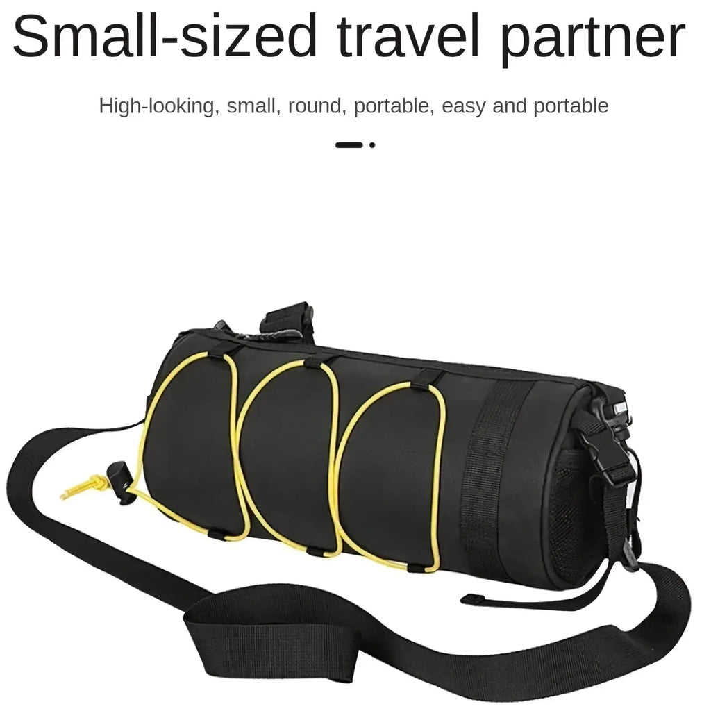 Black cylindrical bike handlebar bag with yellow elastic loops and adjustable straps for waterproof cycling storage