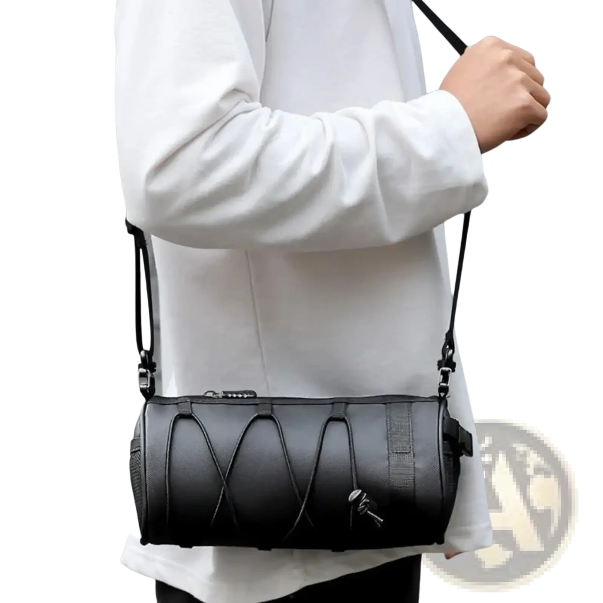 Black cylindrical leather crossbody bike handlebar bag with adjustable strap and front zipper closure for cycling storage