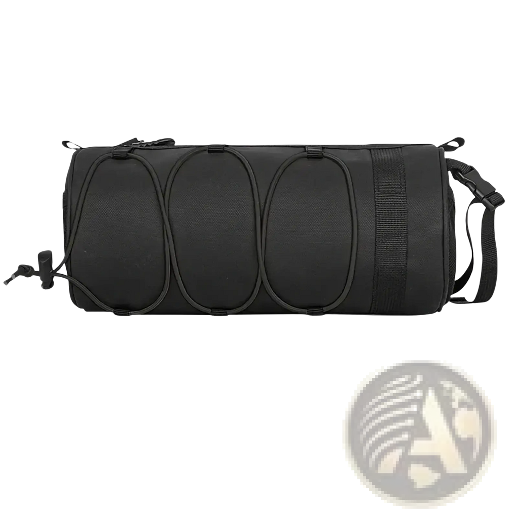 Black cylindrical bike handlebar bag with waterproof material, three oval compression straps, and side handle for cycling storage