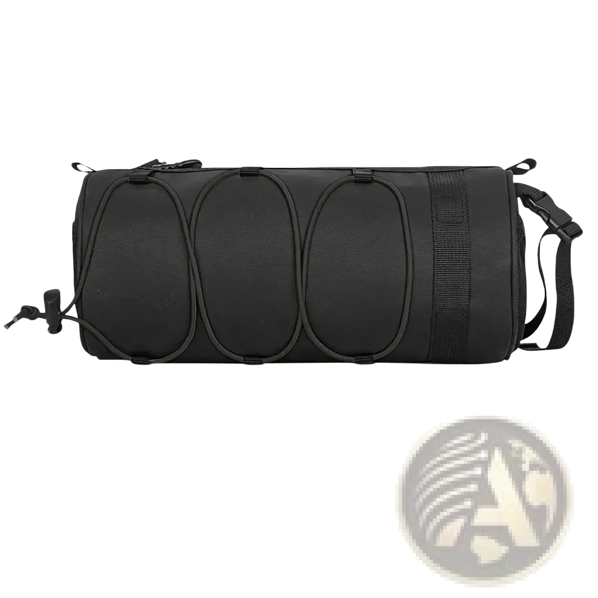 Black cylindrical bike handlebar bag with waterproof material, three oval compression straps, and side handle for cycling storage