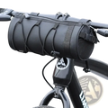 Black waterproof tactical-style bike handlebar bag with reinforced straps and mesh side panel for cycling storage
